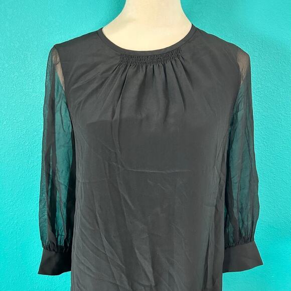 Kate Spade Black Silk Dress Pleated Crew Neck Sheer Sleeve Mini Size 0 - Picture 3 of 5